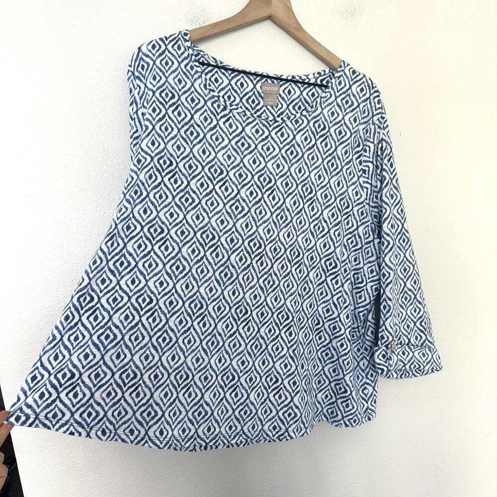 CHICOS Ikat Print Tee Womens XXL (4) Blue White 3/4 Sleeve Slub Knit Boho Top - Picture 5 of 10